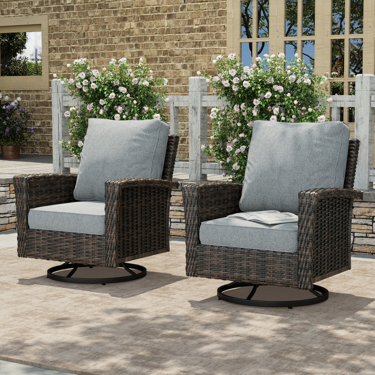 High Back Outdoor Swivel Chairs with 5.5" Thick Cushions, Wicker Rattan Patio Chairs Set of 2, Porch Deck Balcony Backyard Furniture, Grey