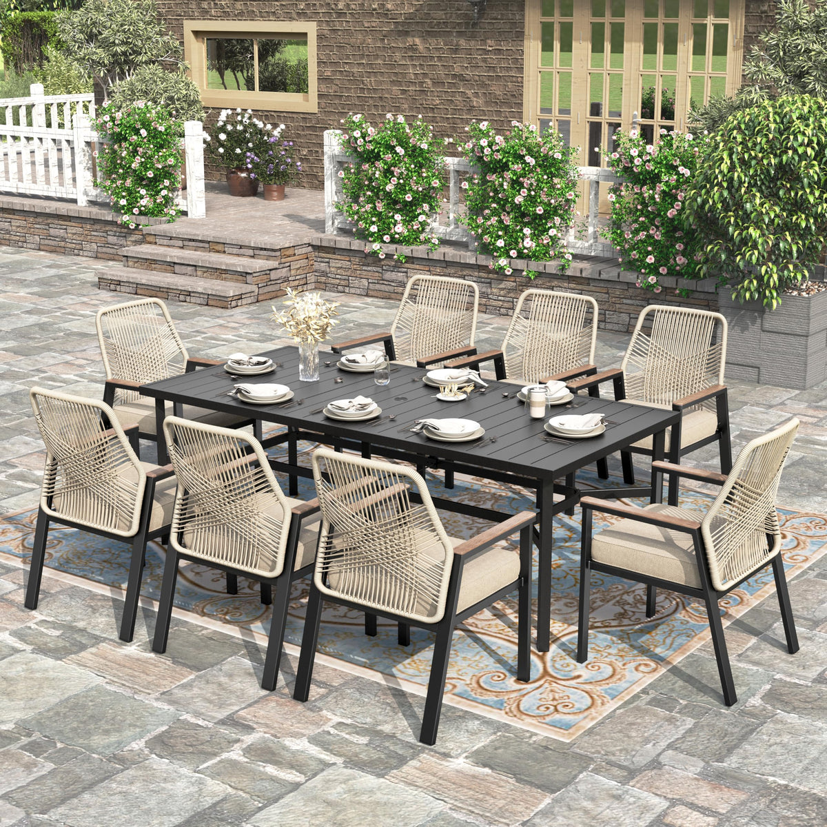 9 Pieces Outdoor Dining Set, Patio Table and Chairs for 8, 8 x Cushioned Rattan Patio Chairs and 1 x 83 Large Rectangle Dining Table, Outdoor Dining Table Set for Lawn Garden
