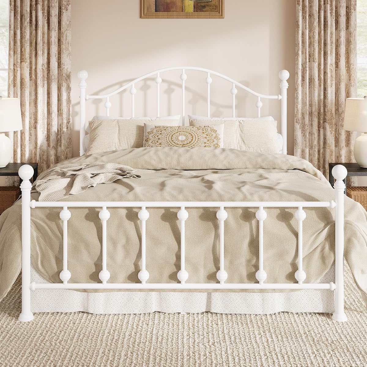 Queen Metal Bed Frame, Victorian Style Platform Bed with Curved Headboard and Classic Footboard, No Box Spring Needed, White