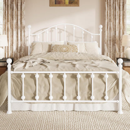 Queen Metal Bed Frame, Victorian Style Platform Bed with Curved Headboard and Classic Footboard, No Box Spring Needed, White