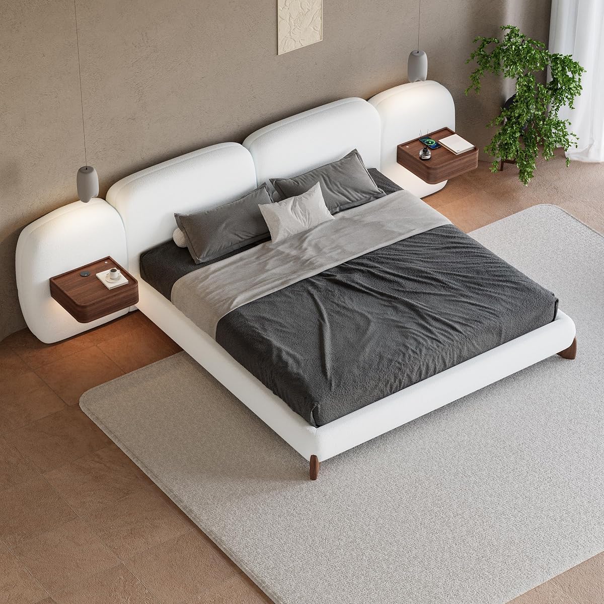 King Size Bed Frame Set with Wide Headboard & Floating Smart Nightstands, Modern Boucle Platform Bedroom Set with LED Sensor Lights, Wireless Charging & Walnut Wood Legs, No Box Spring Needed