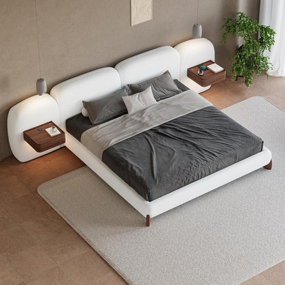 King Size Bed Frame Set with Wide Headboard & Floating Smart Nightstands, Modern Boucle Platform Bedroom Set with LED Sensor Lights, Wireless Charging & Walnut Wood Legs, No Box Spring Needed