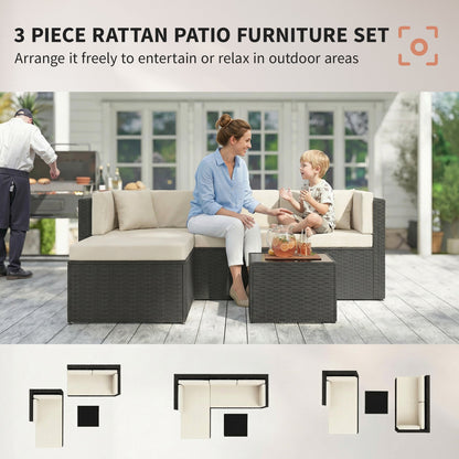 3 Piece Patio Furniture Set, Wicker Outdoor Patio Conversation Furniture Set with Cushions, Glass Top Table, Beige