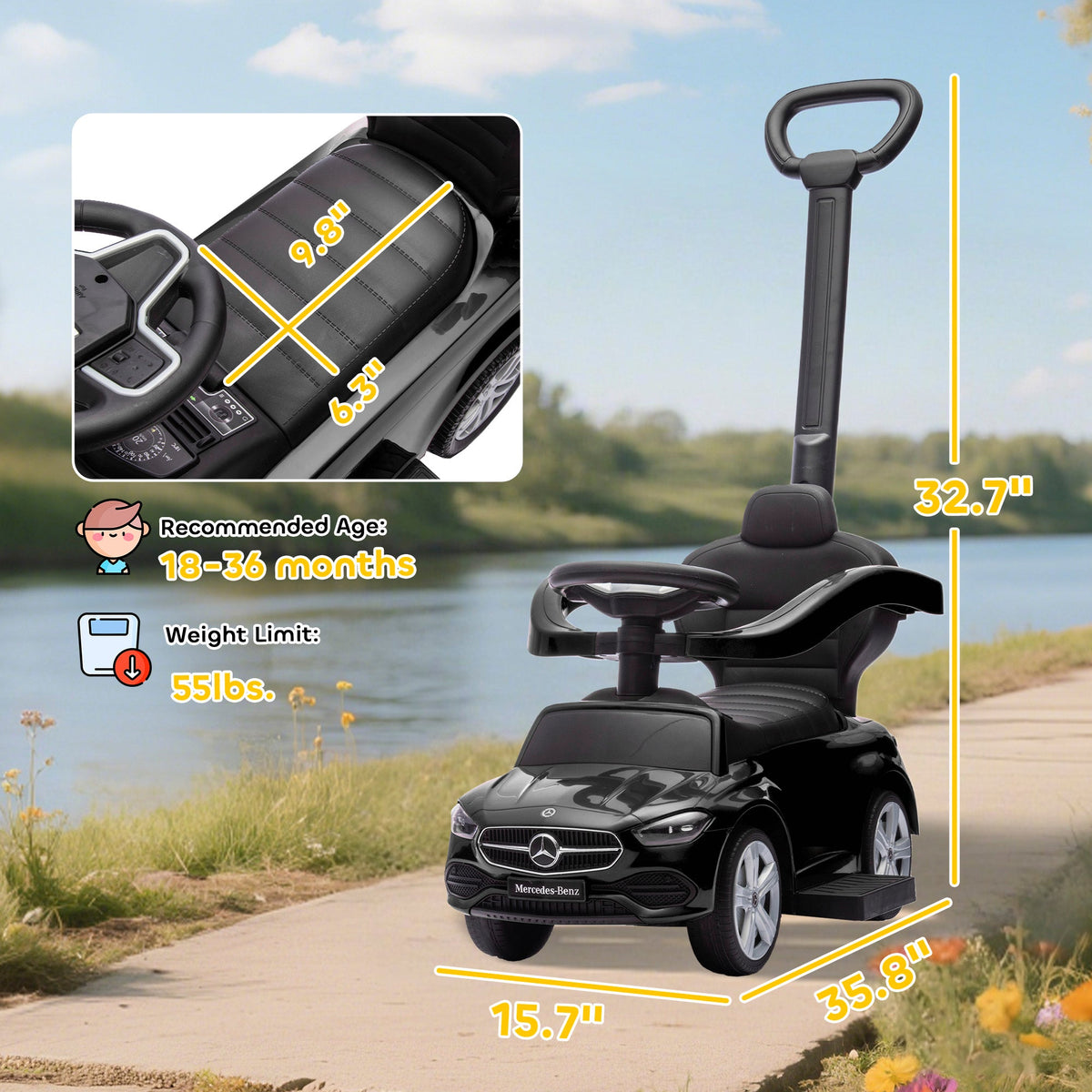 Mercedes-Benz C-Class Licensed Ride-On Push Car, Baby Stroller Walking Car with Parent Control Handle, Horn, Black