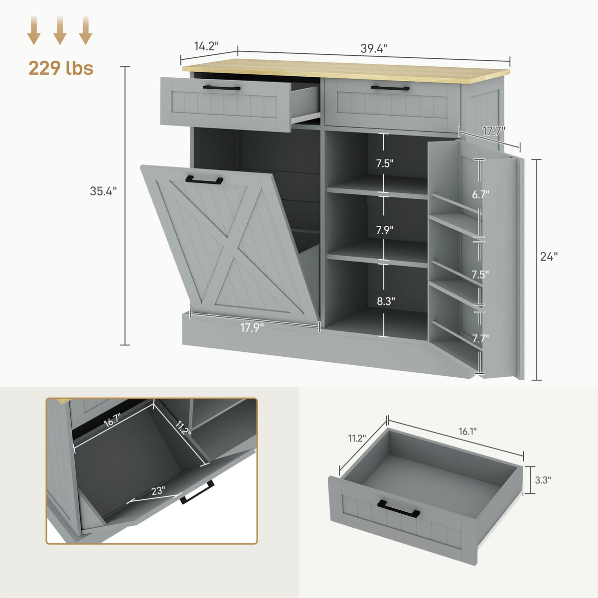 10 Gallon Farmhouse Kitchen Cabinet with Hidden Trash Can and 2 Drawers, Tilt Out Trash Can Cabinet for Kitchen, Gray