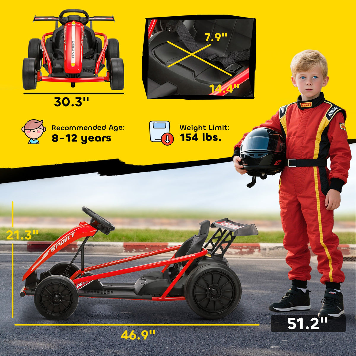 24V 7AH Kids Electric Go Kart, 8.1 MPH Battery Powered Drift Kart with Dual Motors, Soft Start for 8-12 Years, Red