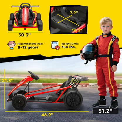 24V 7AH Kids Electric Go Kart, 8.1 MPH Battery Powered Drift Kart with Dual Motors, Soft Start for 8-12 Years, Red