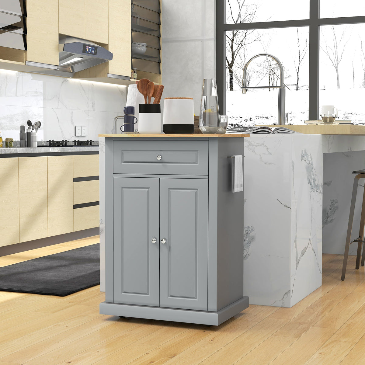 Rolling Kitchen Island Cart, Portable Serving Trolley Table with Drawer, Adjustable Shelf and 2 Towel Racks, Grey
