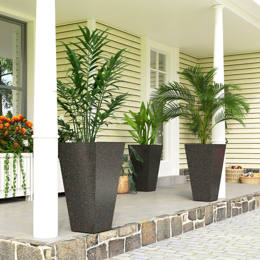 28" Tall Planters, Set of 3 Plastic Flower Pots with Marble Finish and Drainage Holes, Stackable Taper Planters, Brown