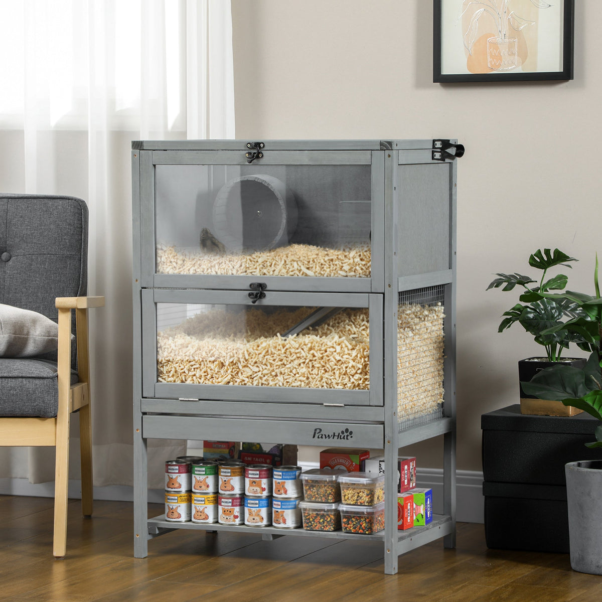 Wooden Hamster Cage with Storage Shelf, Large Rat Mouse Habitat Including Seesaw, Small Animal Cage with Sliding Tray