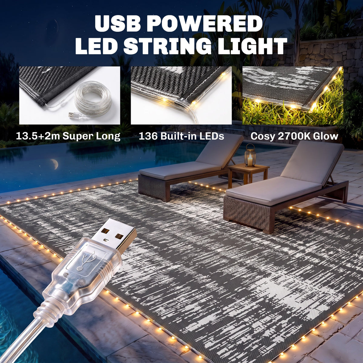 Reversible Outdoor Rug Carpet with LED Lights, Carry Bag & Ground Stakes for Backyard, Deck, Picnic, Beach, 12' x 9'