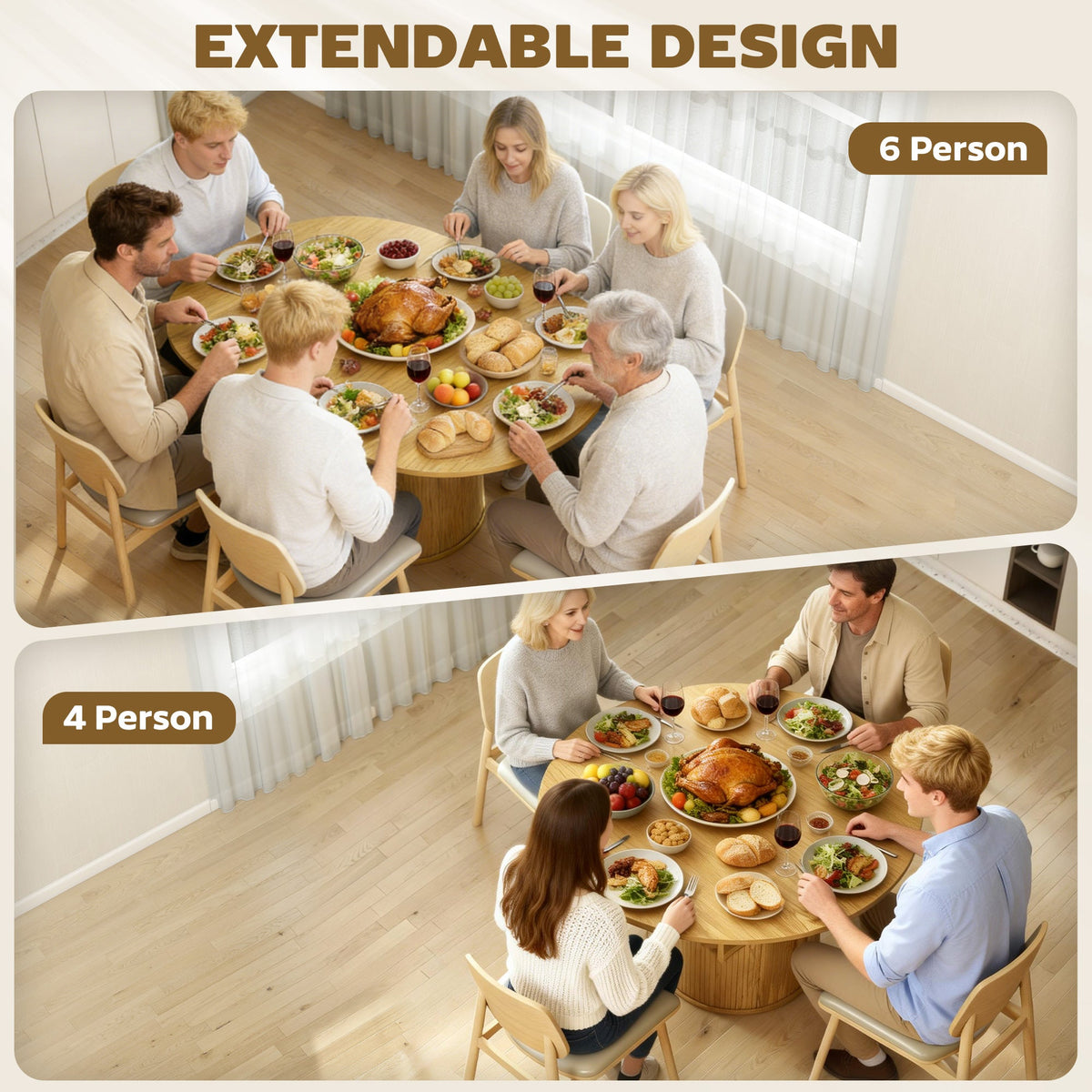 Extendable Dining Table for 6, 60" Farmhouse Kitchen Table with 2-Tier Storage Shelf and Fluted Sliding Doors, Natural