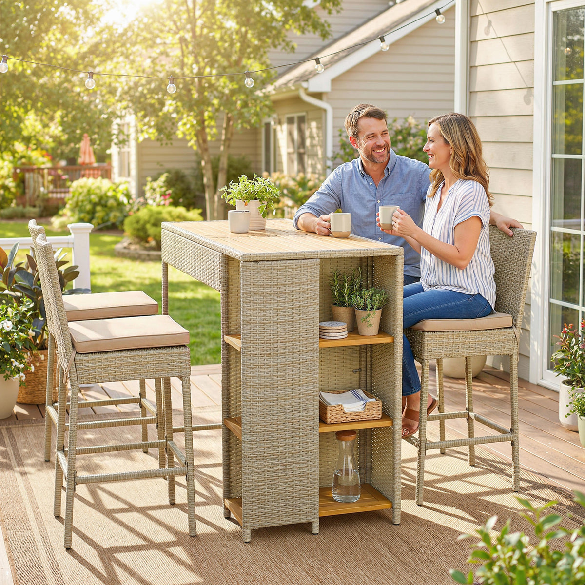 5 Piece Wicker Outdoor Bar Set, Acacia Wood Outdoor High Top Table and Chairs with 3 Tier Shelves, Cushions, Brown