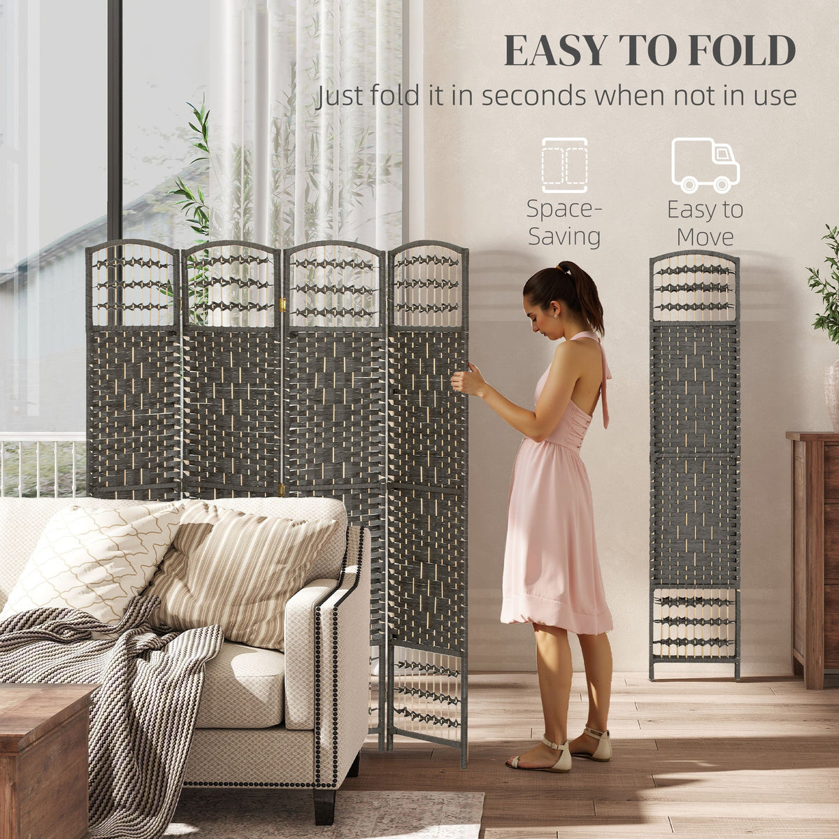 4 Panel Room Divider, Folding Screen, 5.6', Dark Gray