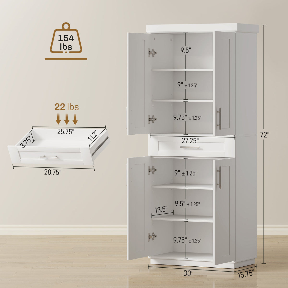 Modern Kitchen Pantry Freestanding Cabinet Cupboard with Doors and Drawer, Adjustable Shelving, White