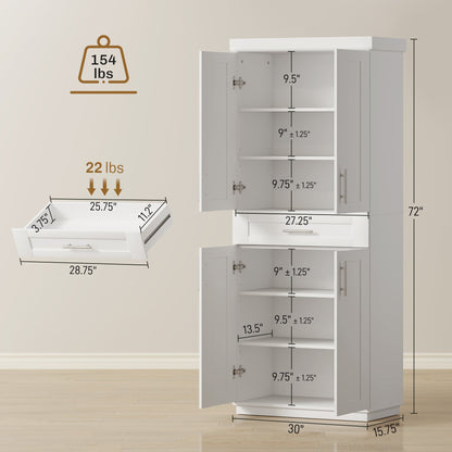 Modern Kitchen Pantry Freestanding Cabinet Cupboard with Doors and Drawer, Adjustable Shelving, White