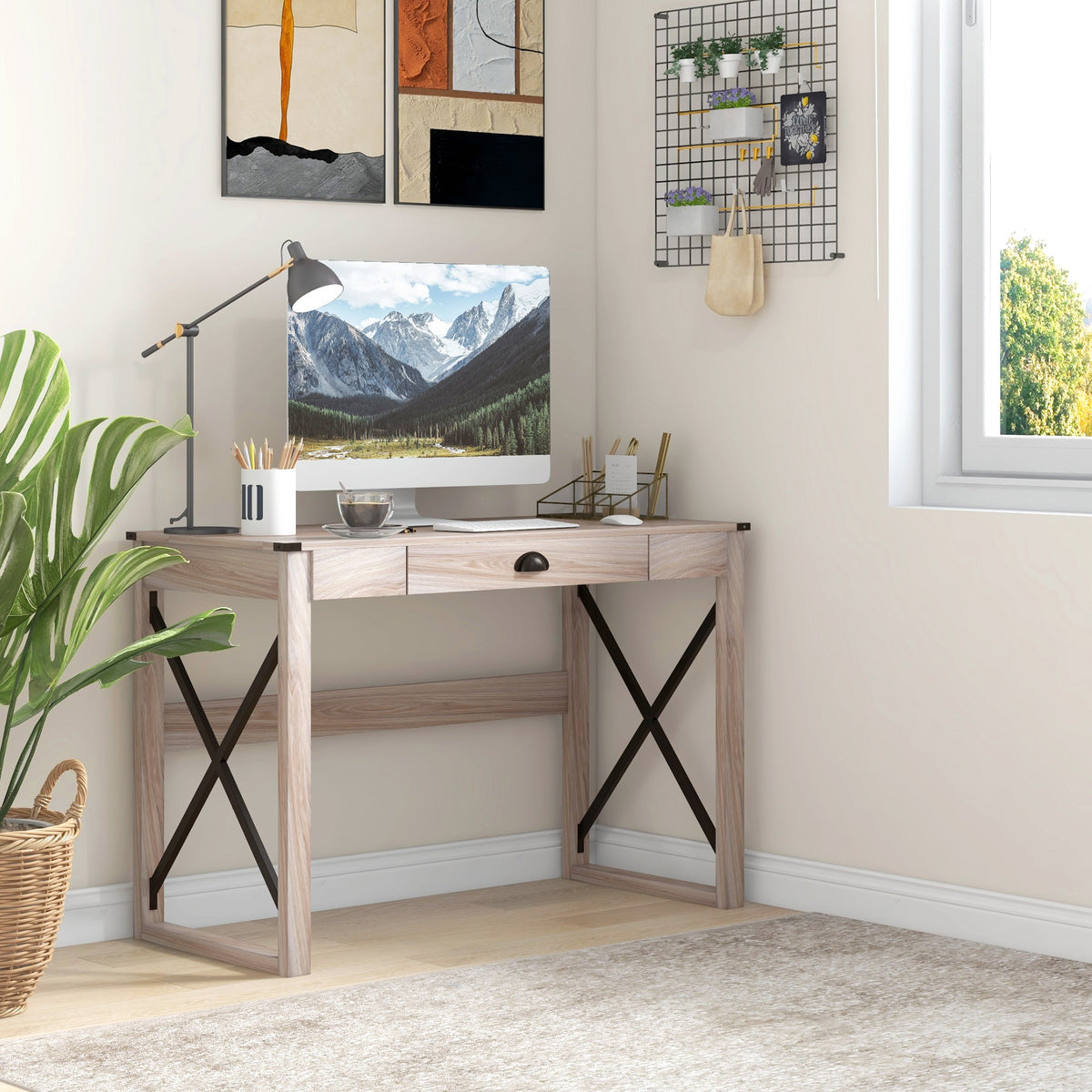 44 inch Home Office Computer Desk, Rustic Writing Desk, Farmhouse Workstation with Storage Drawer, X-Frame