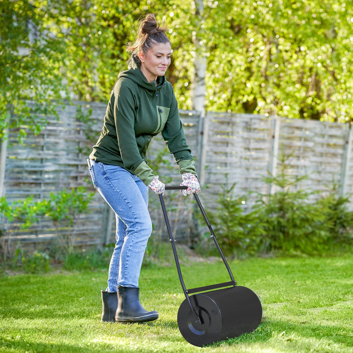 38L Heavy Duty Push/Tow Behind Lawn Roller, U-handle Garden Roller Filled with Water or Sand