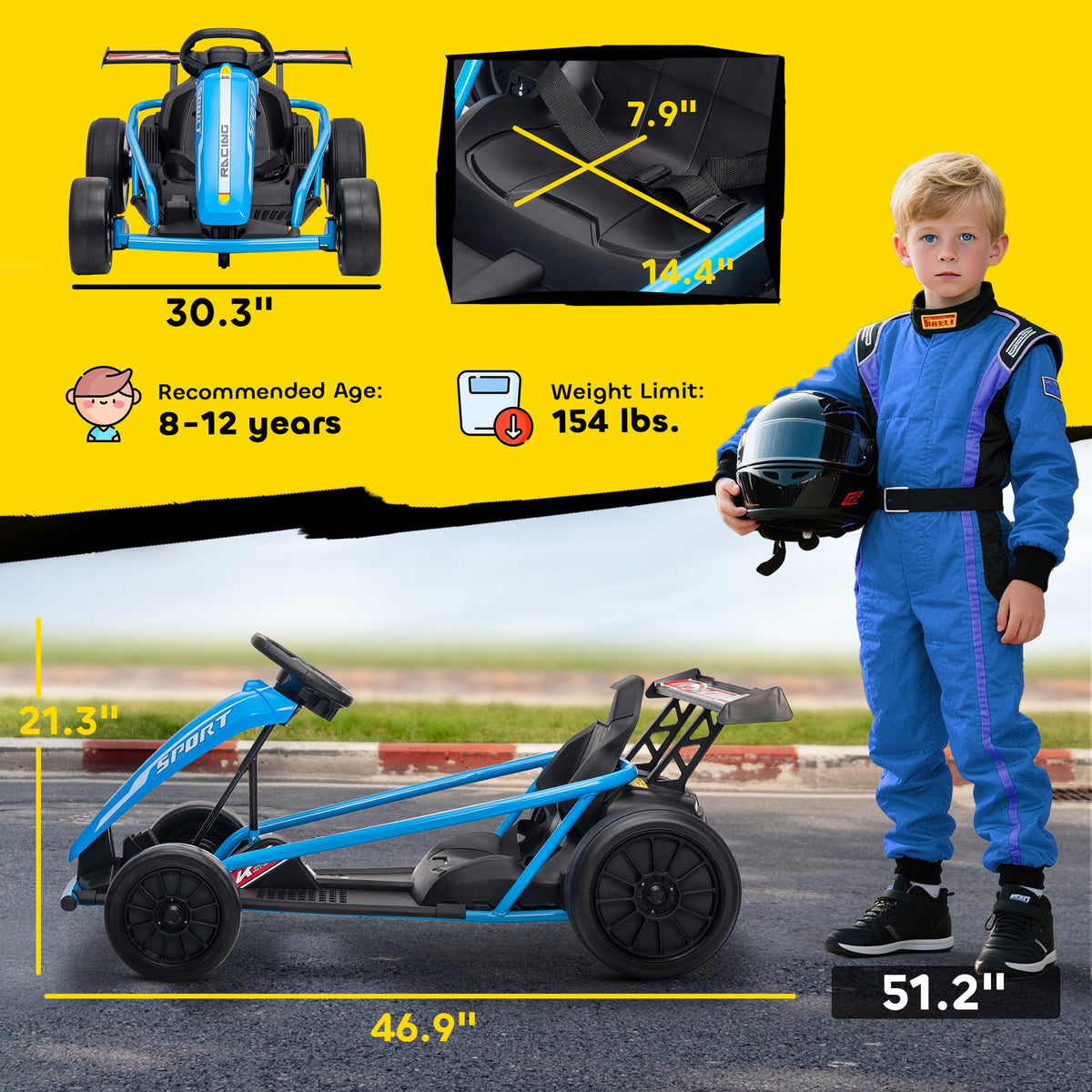 24V 7AH Kids Electric Go Kart, 8.1 MPH Battery Powered Drift Kart with Dual Motors, Soft Start for 8-12 Years, Blue