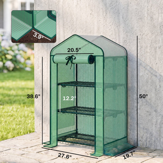 Mini Greenhouse with Screen Roof, Portable Small Greenhouse with Roll-Up Zipper Door, 27.6" x 19.7" x 50", Green