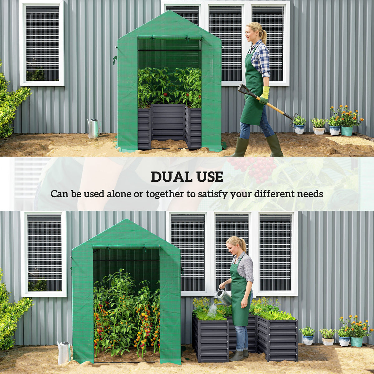 Greenhouse with Raised Garden Bed, Galvanized Steel Outdoor Greenhouse with Roll Up Door, 56" x 56" x 75", Dark Gray