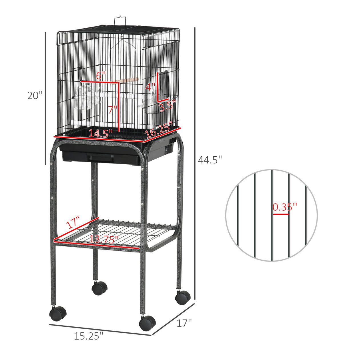 45-inch Metal Indoor Bird Cage, Parrot Cage, Bird Aviary with Detachable Rolling Stand, Storage Basket, and Accessories - Black