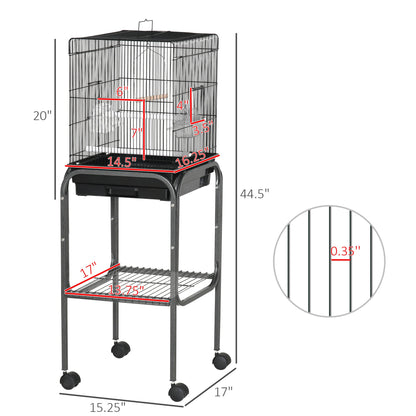 45-inch Metal Indoor Bird Cage, Parrot Cage, Bird Aviary with Detachable Rolling Stand, Storage Basket, and Accessories - Black