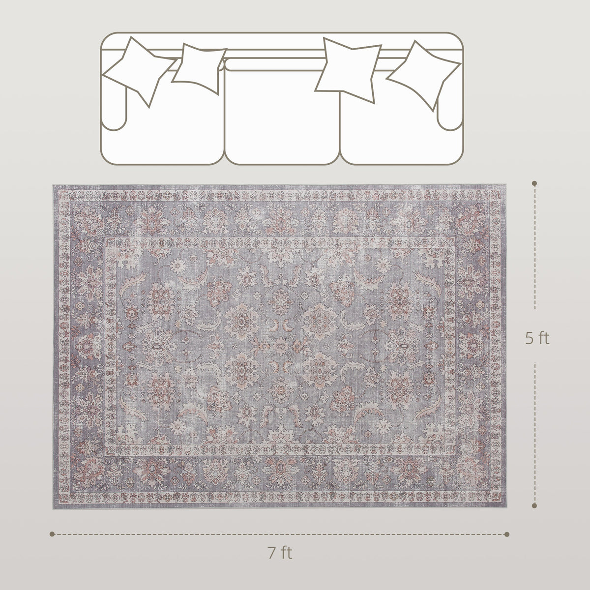Machine Washable Area Rug 5x7, Non-Slip Traditional Flower Print Floor Carpet for Living Room, Bedroom, Grey and Brown