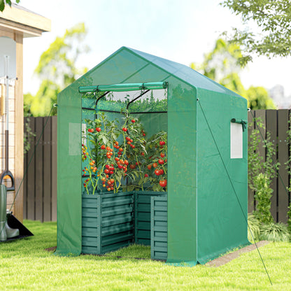 Greenhouse with Raised Garden Bed, Galvanized Steel Outdoor Greenhouse with Roll Up Door, 56" x 56" x 75", Green