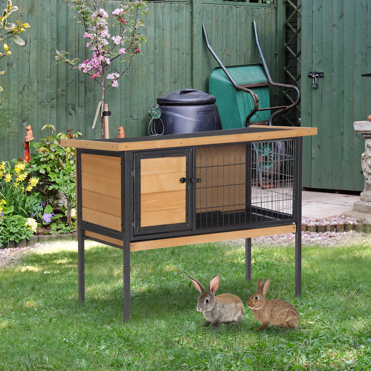 Rabbit Hutch Elevated Bunny Cage Small Animal Habitat with Metal Frame, No Leak Tray, Metal Wire Pan