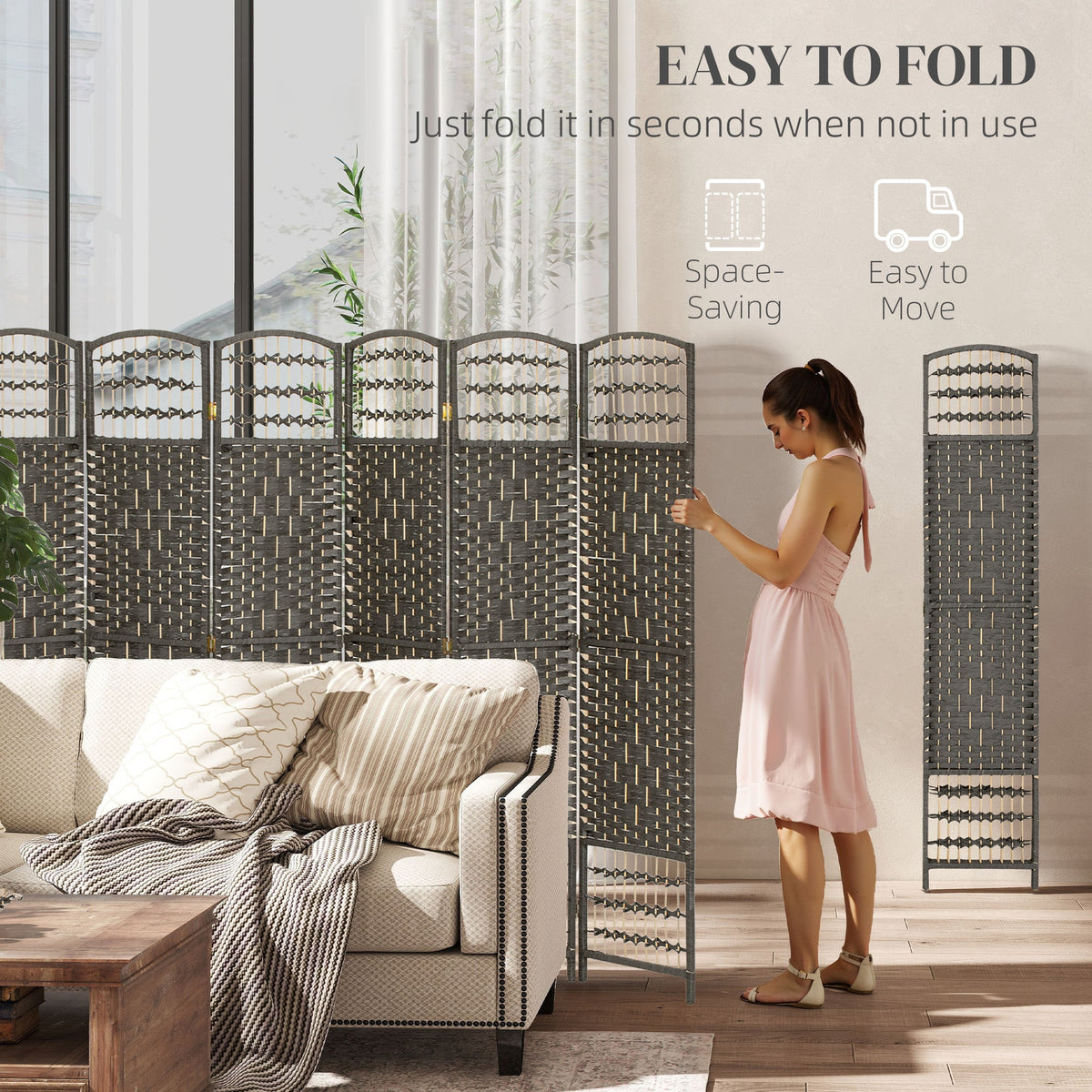 6 Panel Folding Room Divider Portable Privacy Screen Wave Fiber Room Partition for Home Office Dark Gray