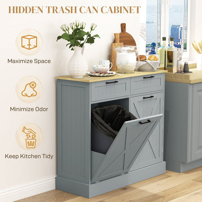 10 Gallon Farmhouse Kitchen Cabinet with Hidden Trash Can and 2 Drawers, Tilt Out Trash Can Cabinet for Kitchen, Gray