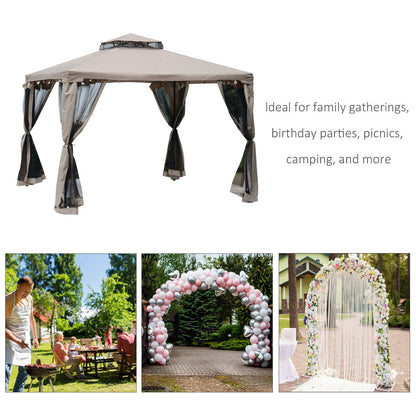 10' x 10' Gazebo Tent, Double Roof Outdoor Canopy Shelter, with Netting Fabric and Vented Roof, Steel Corner Frame for Garden, Lawn, Backyard, Taupe