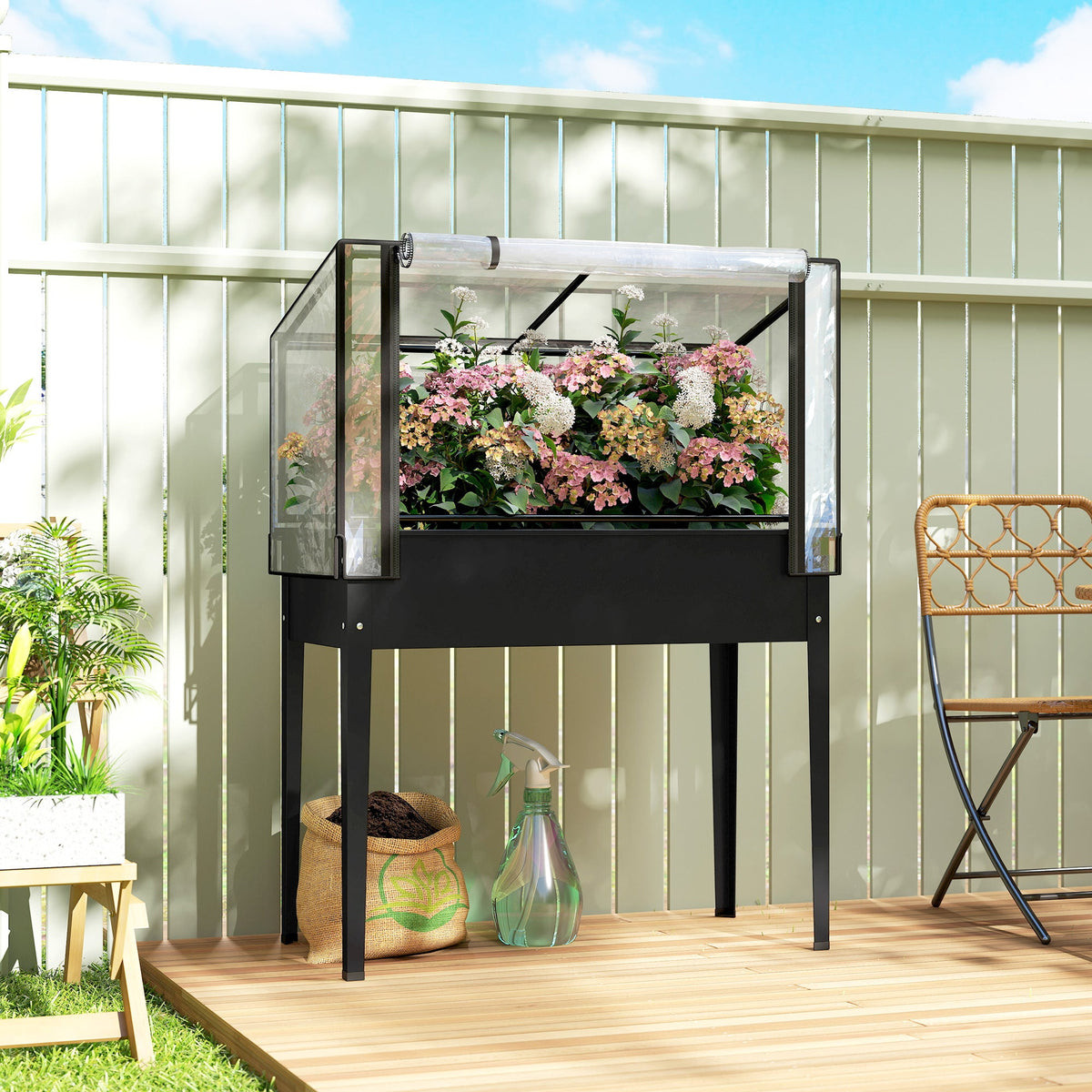 Raised Garden Bed with Flip-Up Greenhouse Cover, Metal Elevated Garden Bed with Legs and Drainage Hole, Black