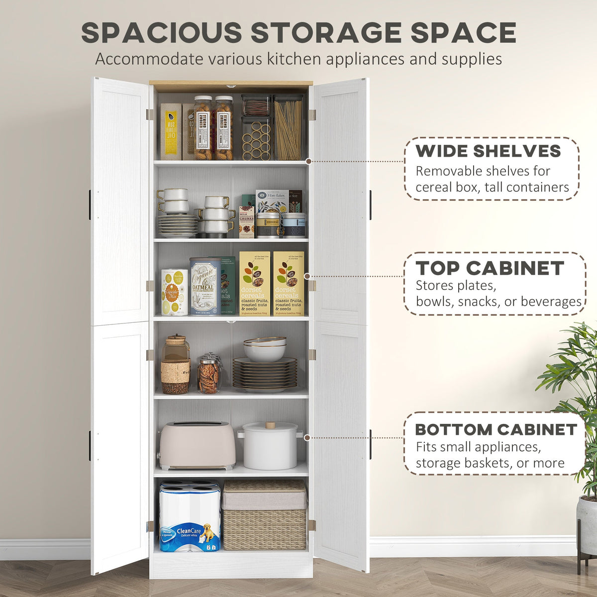 Freestanding Kitchen Pantry, 4-Door Kitchen Pantry Cabinet with Adjustable Shelves and Doors, Distressed White