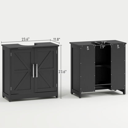 Farmhouse Pedestal Sink Storage Cabinet, Bathroom Sink Cabinet with 2 Barn Doors and Adjustable Shelf, Distressed Black