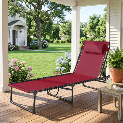 Folding Chaise Lounge Pool Chair with 4-Position Reclining Back, Pillow, Breathable Mesh & Bungee Seat,  Red