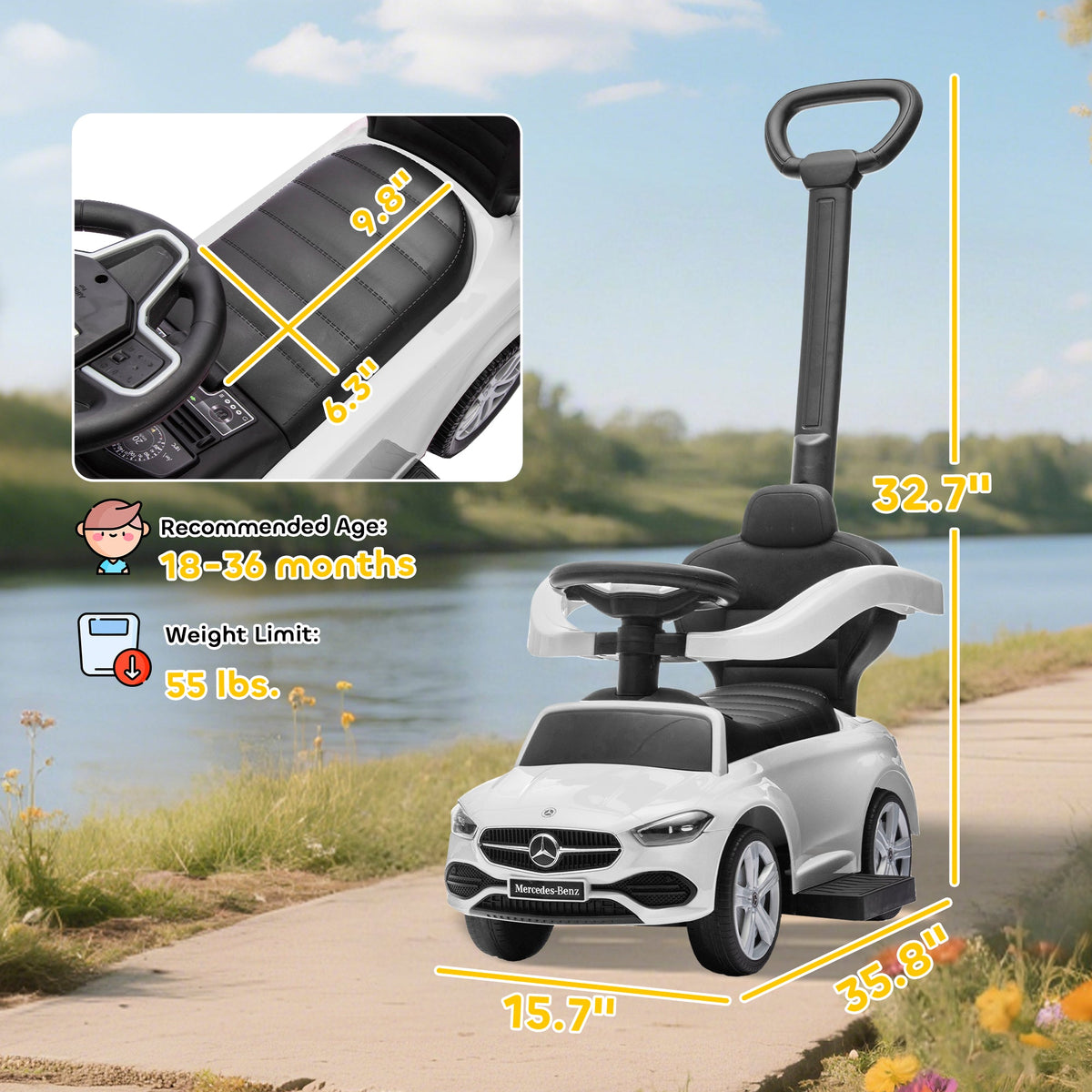 Mercedes-Benz C-Class Licensed Ride-On Push Car, Baby Stroller Walking Car with Parent Control Handle, Horn, White