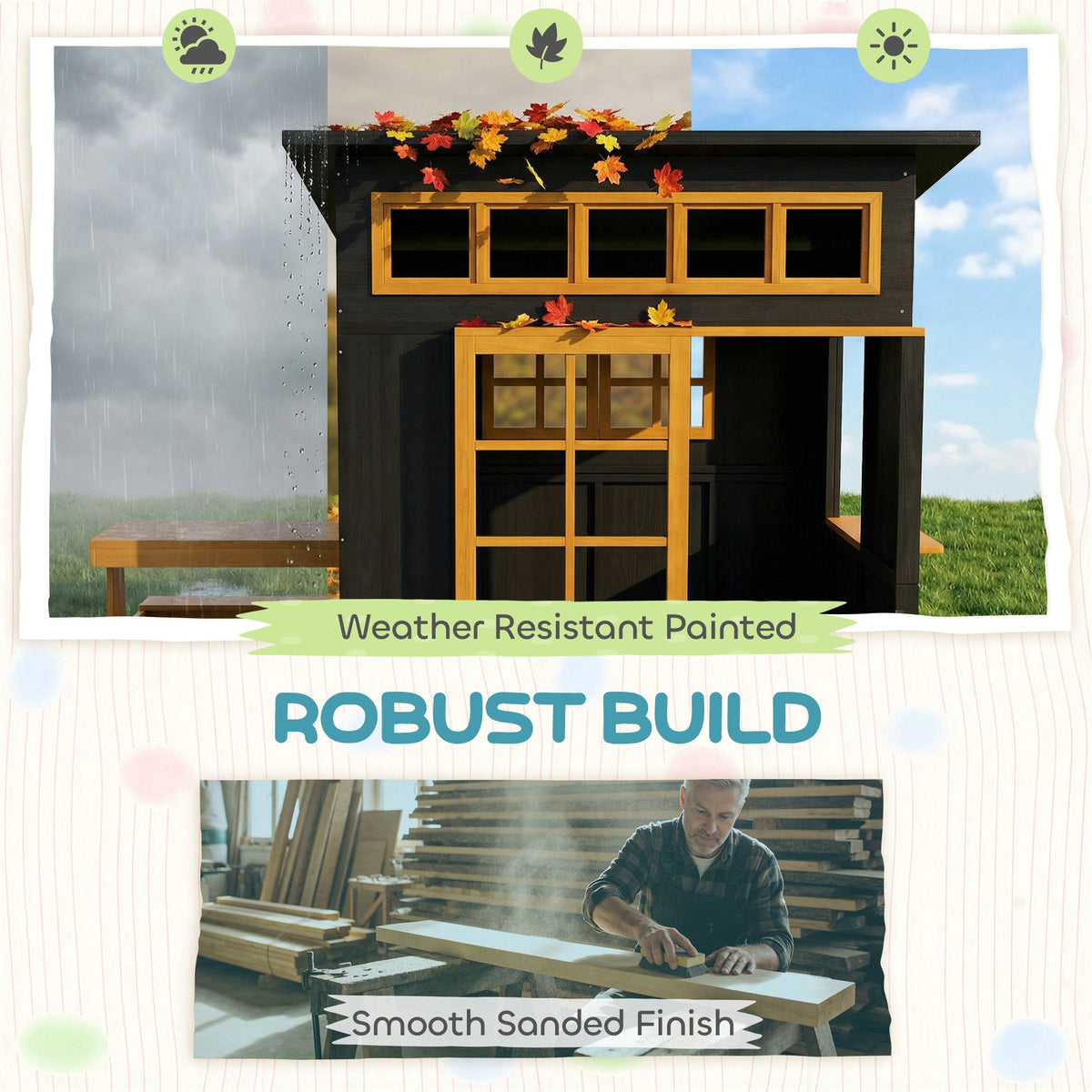 Outdoor Playhouse, Wooden Kids Playhouse w/ Picnic Table & Benches, Chalkboards, Half Door, Windows, for Kids Ages 3-8