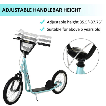 Youth Scooter Kick Scooter for Kids 5+, Max Load 220 LBS., with Adjustable Handlebar, 16" Inflatable Wheels, Dual Brakes, Blue