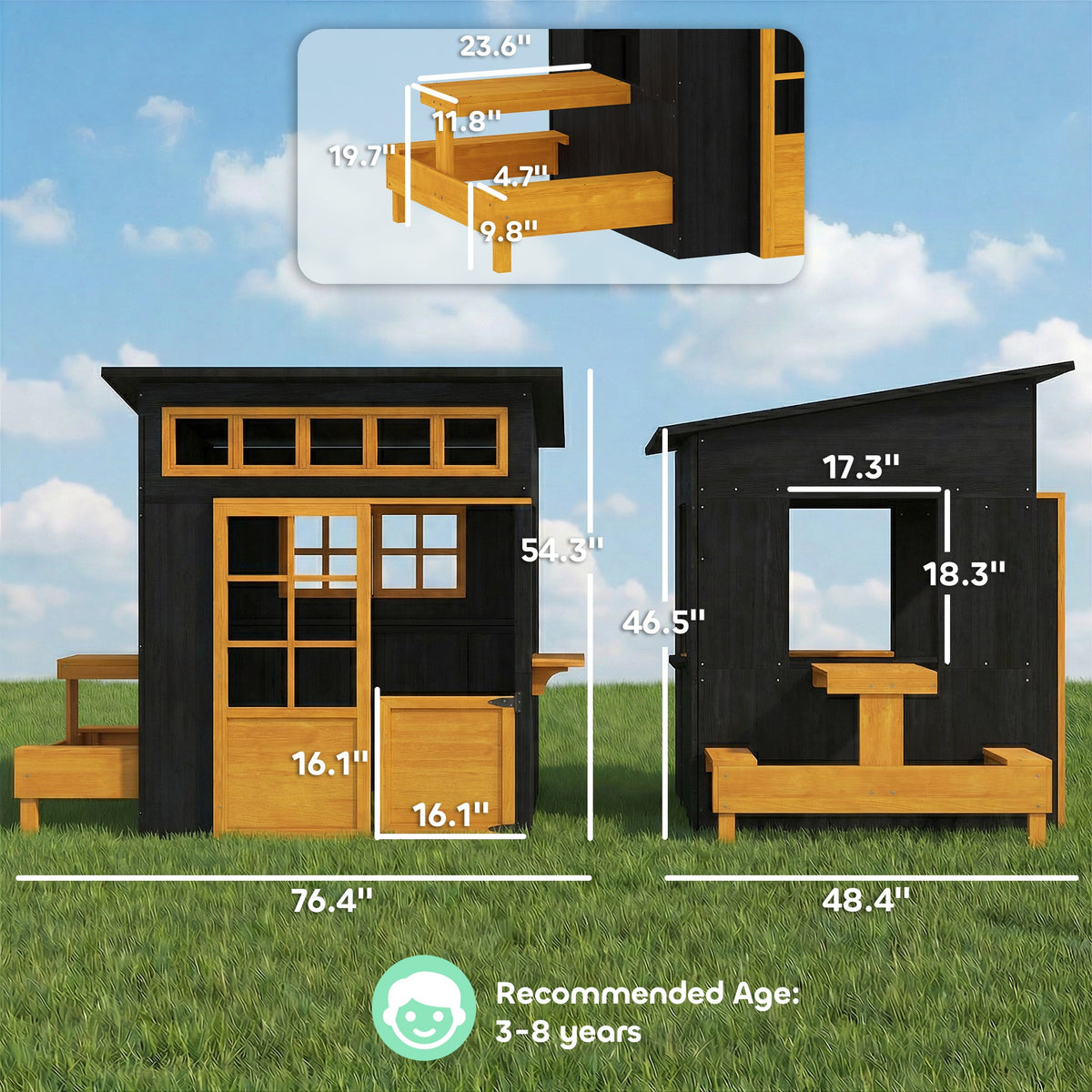 Outdoor Playhouse, Wooden Kids Playhouse w/ Picnic Table & Benches, Chalkboards, Half Door, Windows, for Kids Ages 3-8