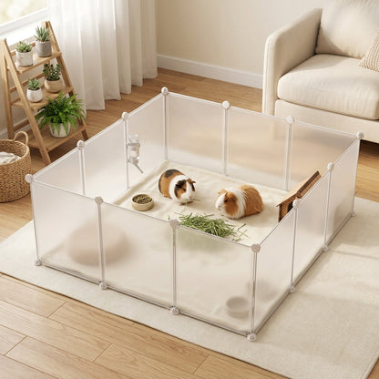 Pet Playpen DIY Small Animal Cage Open Enclosure Portable Plastic Fence 12 Panels for Guinea Pig Hedgehog White, 18" x 14"