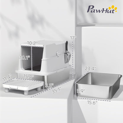 Extra Large Stainless Steel Cat Litter Box for Big Cats with Flip Cover, High-Sided Enclosure & Scoop