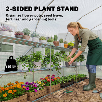 10'x11'x6' Walk-in Tunnel Greenhouse with Shelves, Mesh Door and Windows, Plant Hot House with PE Cover, White