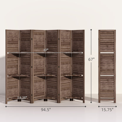 6 Panel 67" Tall Wood Privacy Screen Room Divider with 3 Shelves and Folding Storage for Bedroom, Walnut