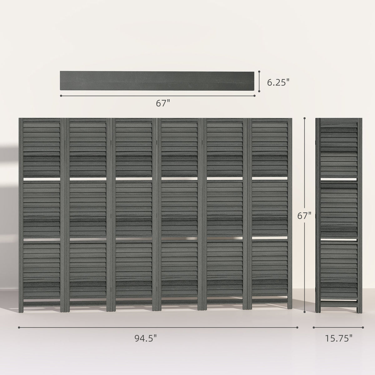 6 Panel 67" Tall Wood Privacy Screen Room Divider with 3 Shelves and Folding Storage for Bedroom, Gray