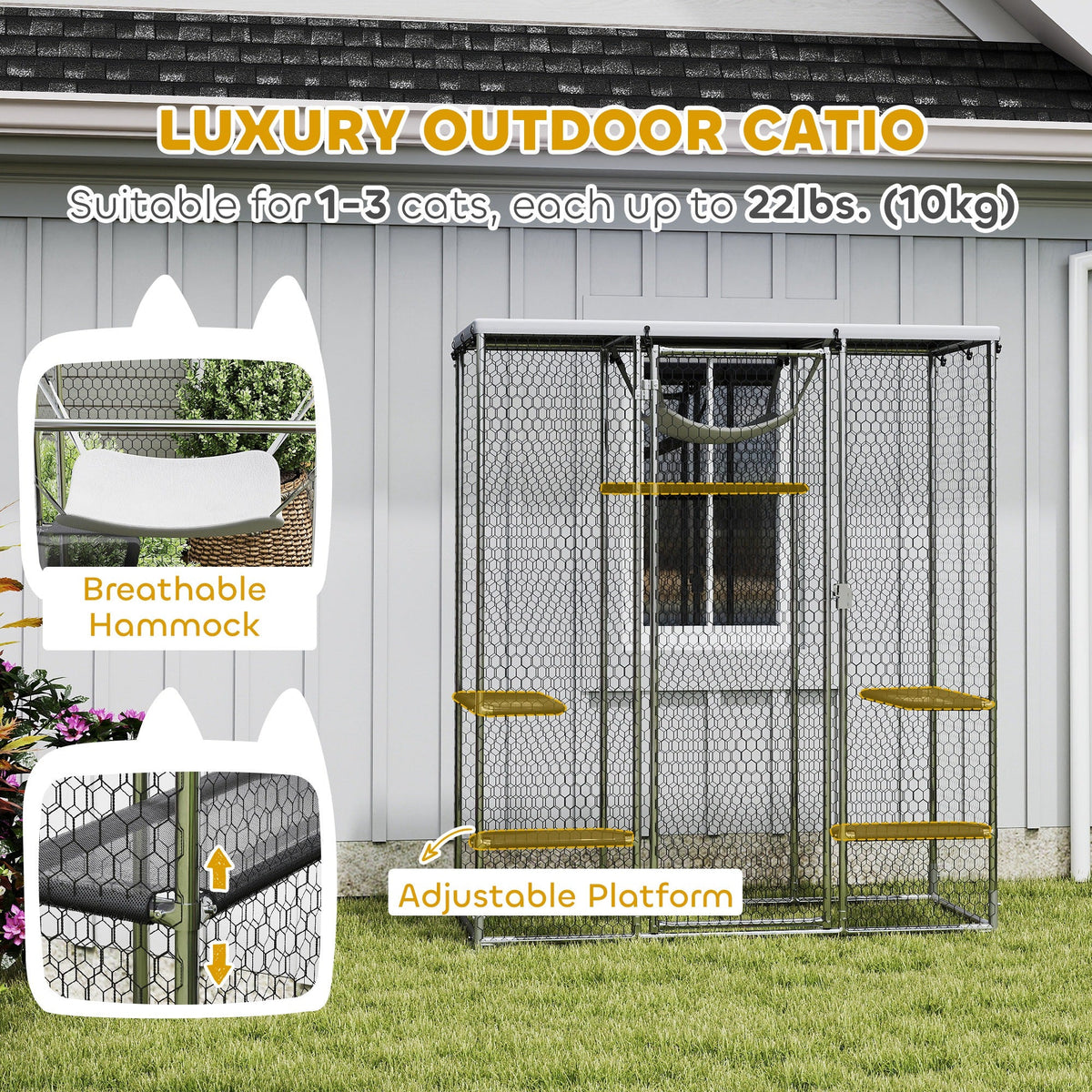 Catio Outdoor Cat Enclosure, Galvanized Steel Walk-in Cat Cage with Waterproof Cover, 5 Adjustable Platforms, Hammock