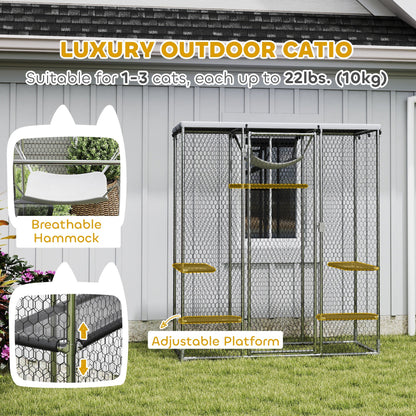 Catio Outdoor Cat Enclosure, Galvanized Steel Walk-in Cat Cage with Waterproof Cover, 5 Adjustable Platforms, Hammock