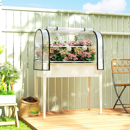 Raised Garden Bed with Flip-Up Greenhouse Cover, Metal Elevated Garden Bed with Legs and Drainage Hole, White