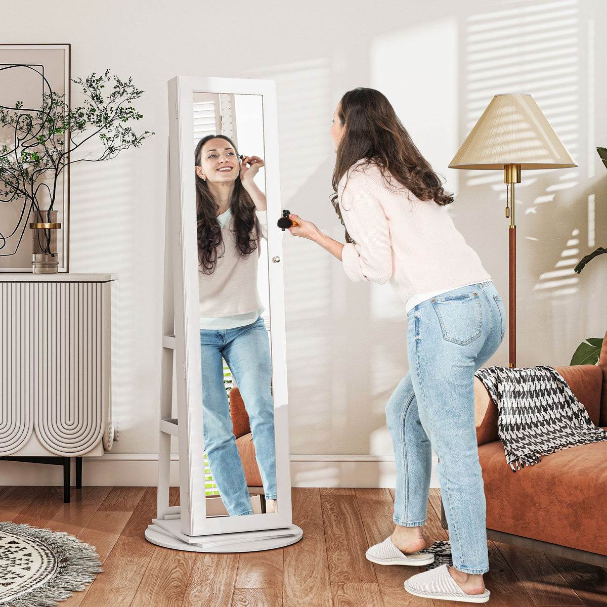 360° Swivel Jewelry Armoire, Lockable Jewelry Cabinet with Full-Length Mirror, Storage Shelves, White